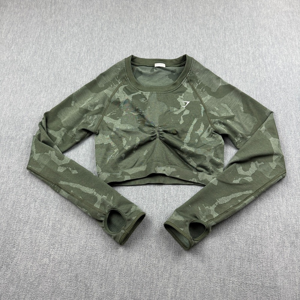 Gymshark Crop Top Womens Medium Green Adapt Camo Seamless Long Sleeve Gym Yoga